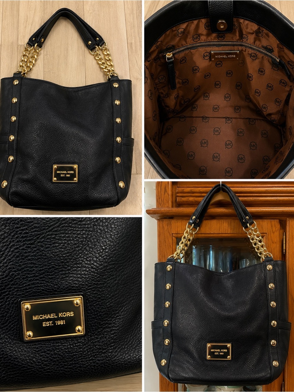Michael Kors Black Pebbled Leather Shoulder Bag with Gold Chain Handles